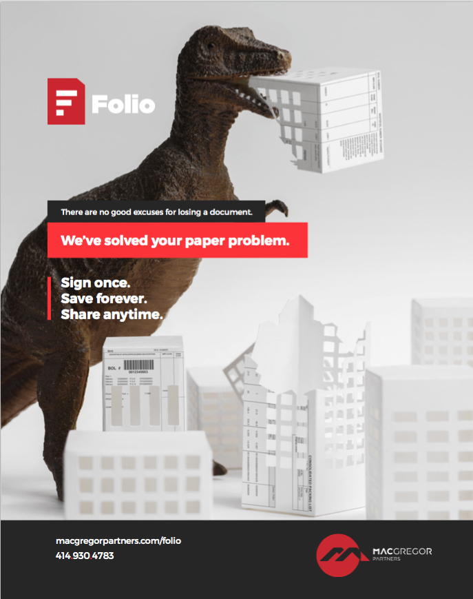Dinosaur eating paper building for Folio ad